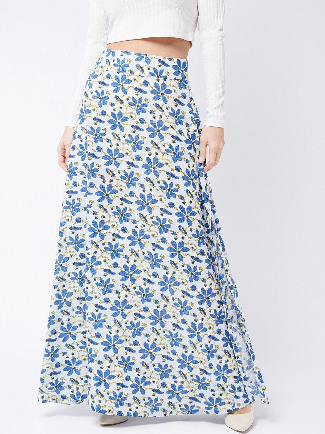 inweave women white & blue floral printed pure cotton a-line maxi skirt