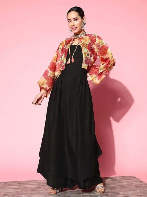 inweave black & yellow kurta & palazzo set with cape