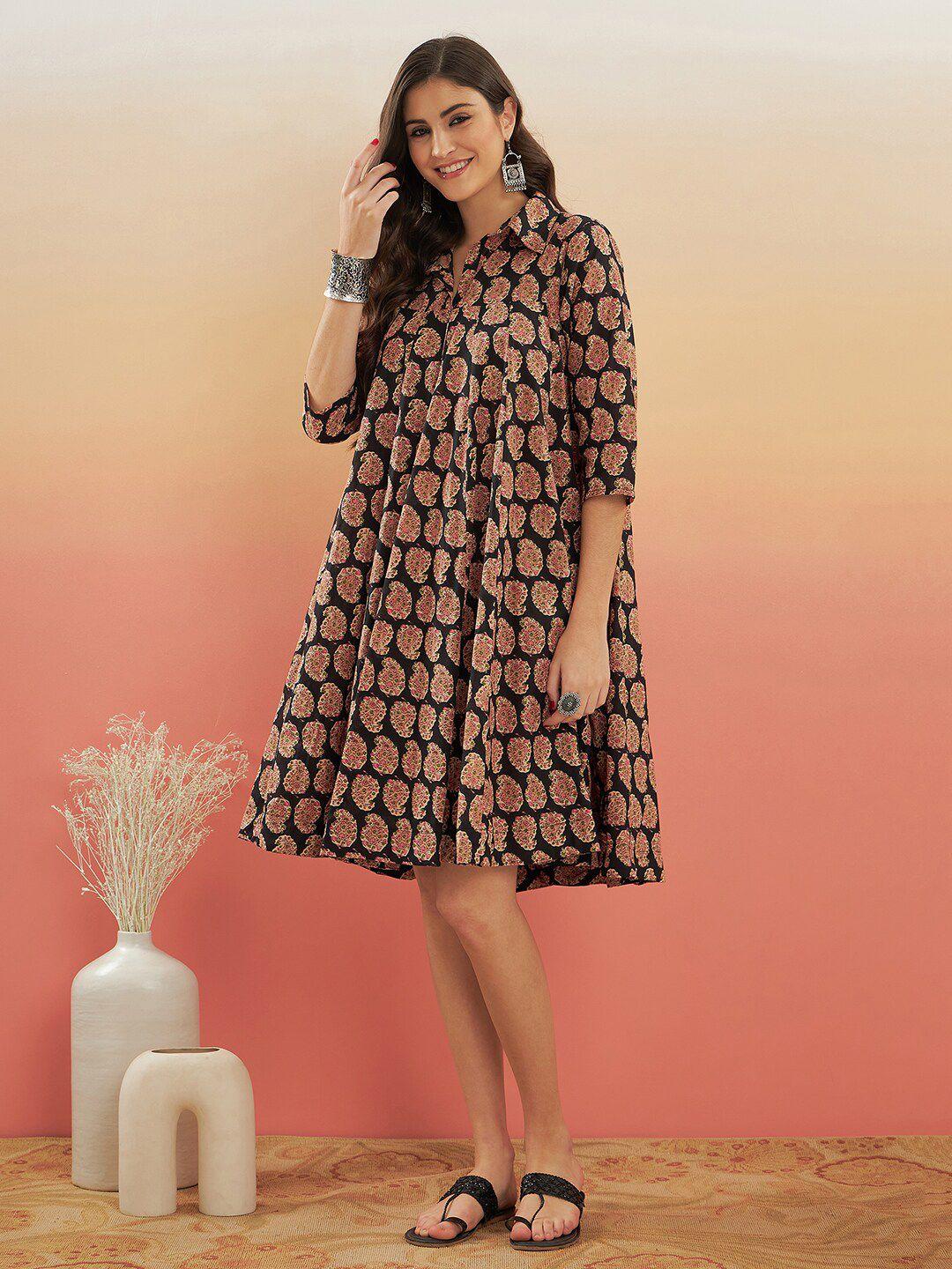 inweave black ethnic motifs paisley printed shirt collar gathered a-line dress