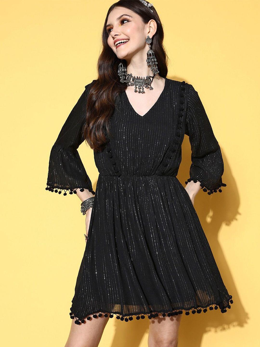 inweave black v-neck bell sleeves a-line dress