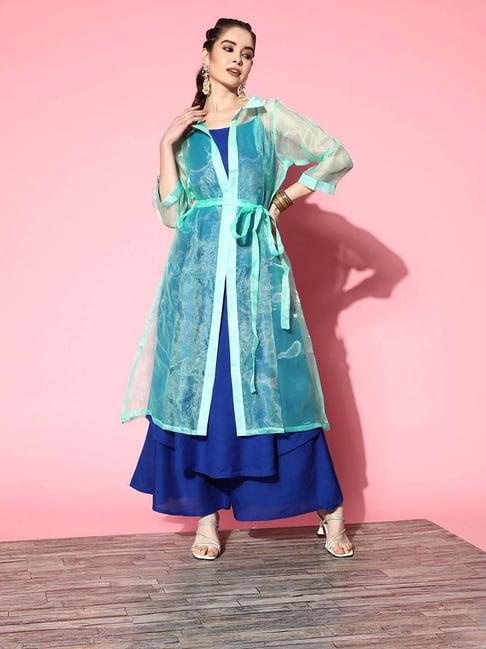 inweave blue & green kurta & palazzo set with cape