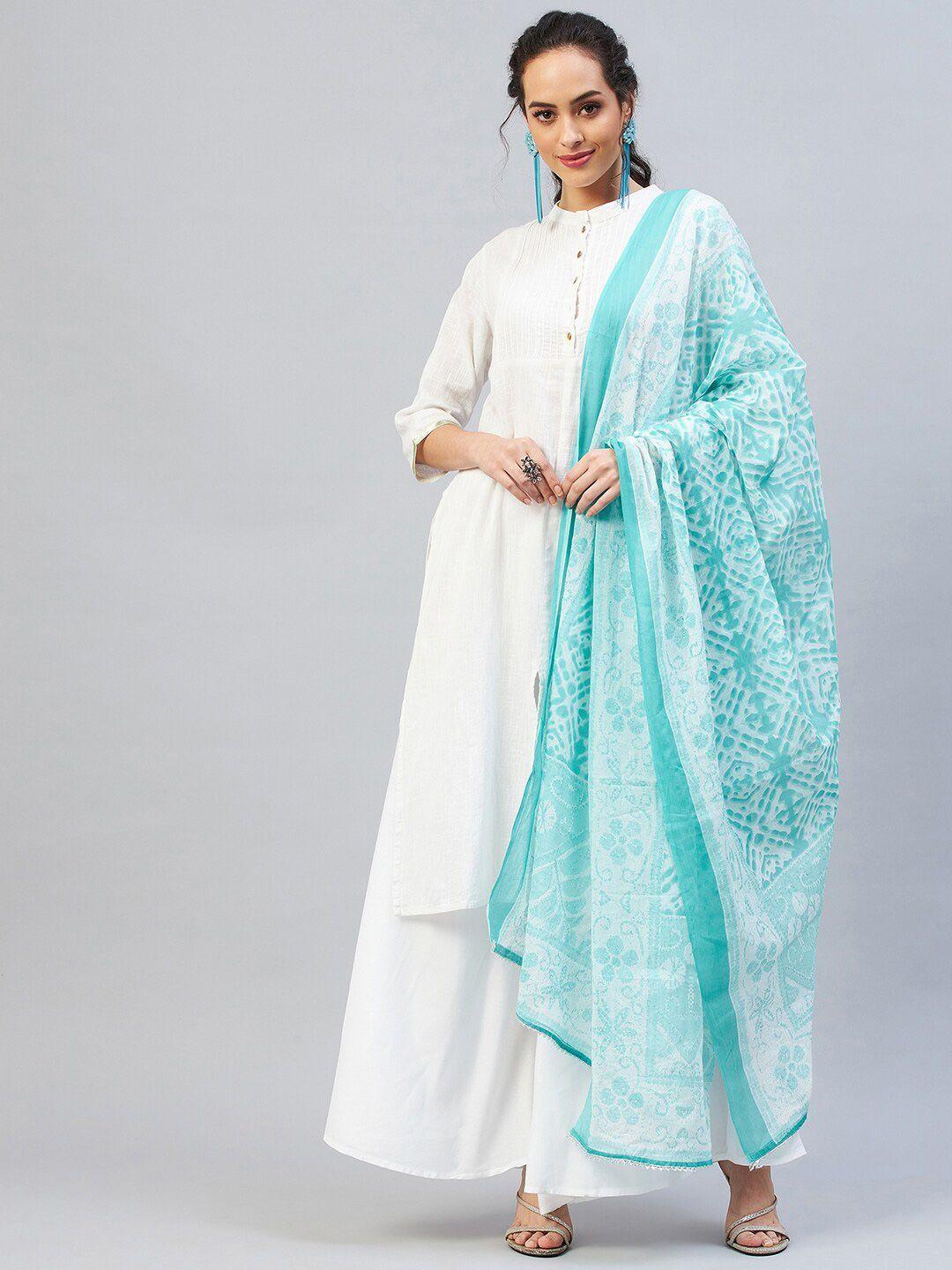 inweave blue & off white ethnic motifs printed pure cotton dupatta