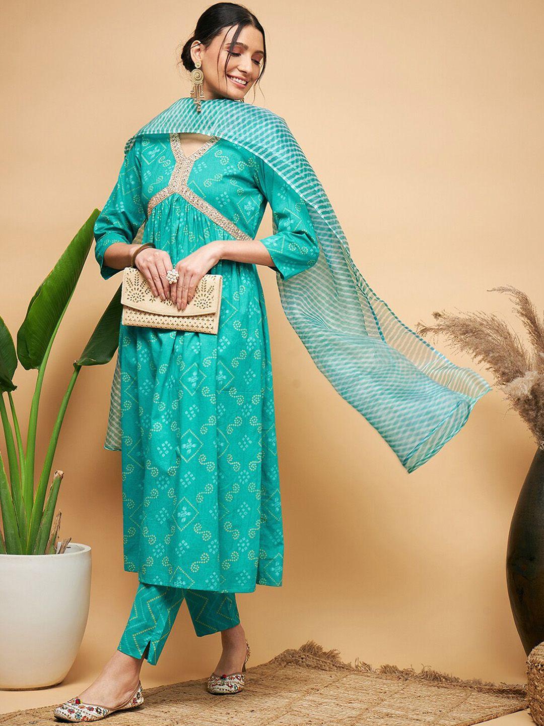 inweave blue bandhani printed pure cotton a-line kurta & trousers with dupatta