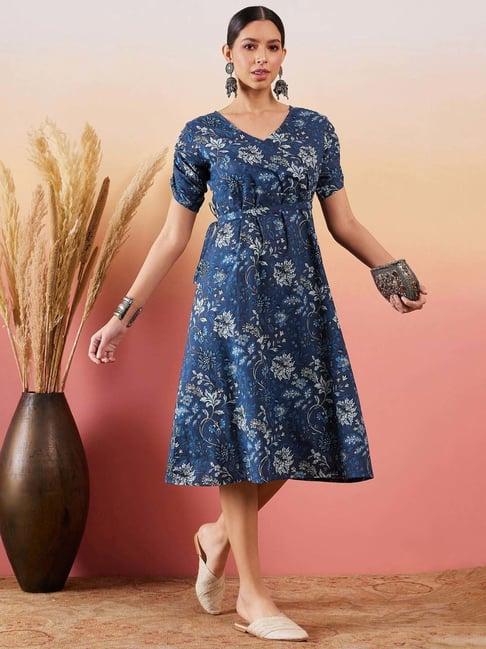 inweave blue cotton floral print a-line dress