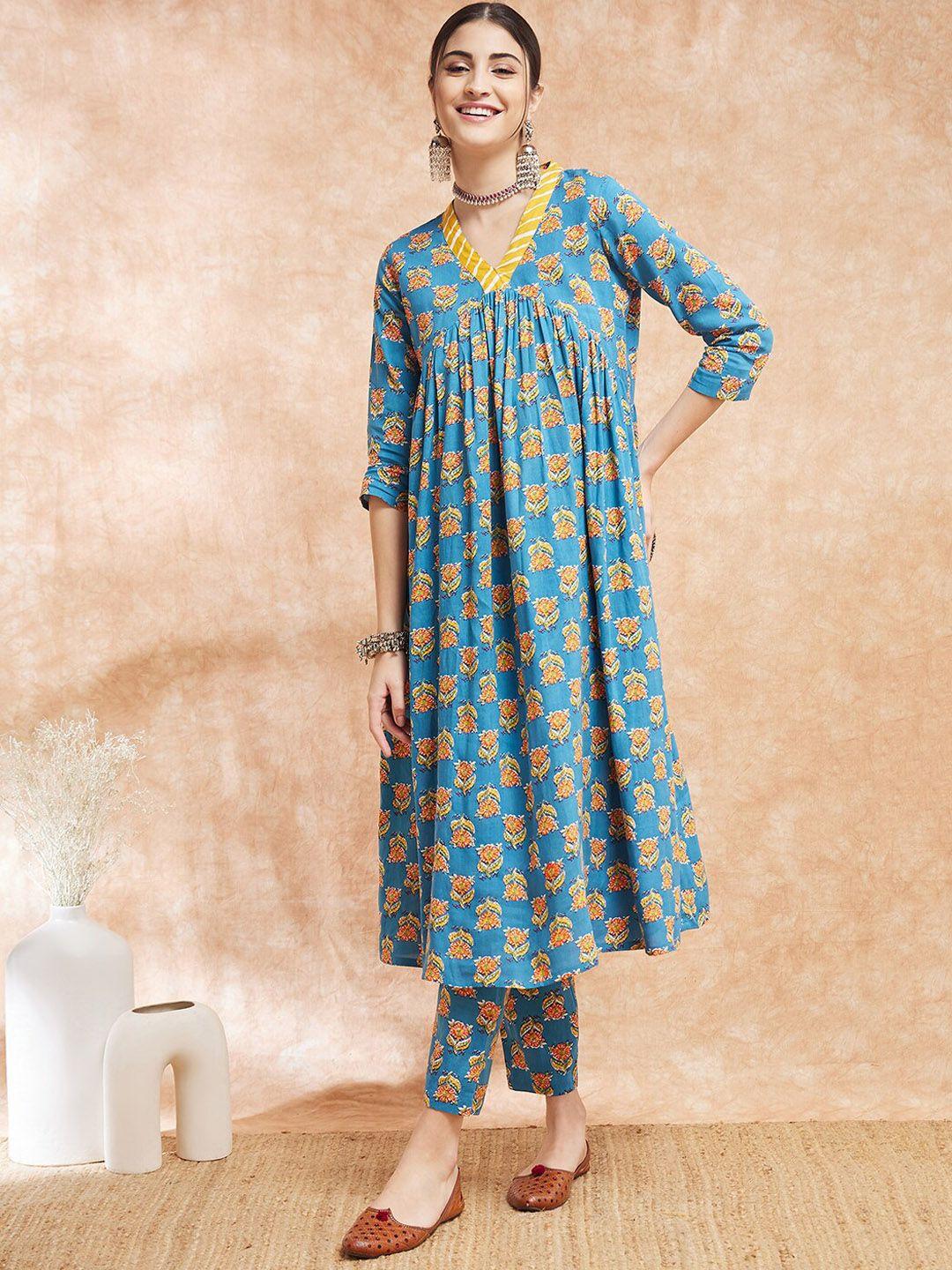 inweave blue floral printed v-neck empire anarkali kurta with trousers