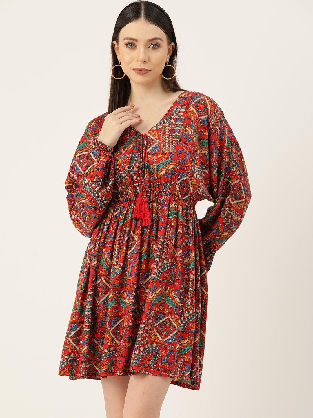 inweave ethnic motifs print puff sleeve a-line dress