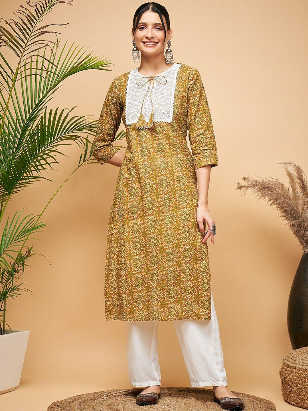 inweave ethnic motifs printed gotta patti pure cotton straight kurta with trousers