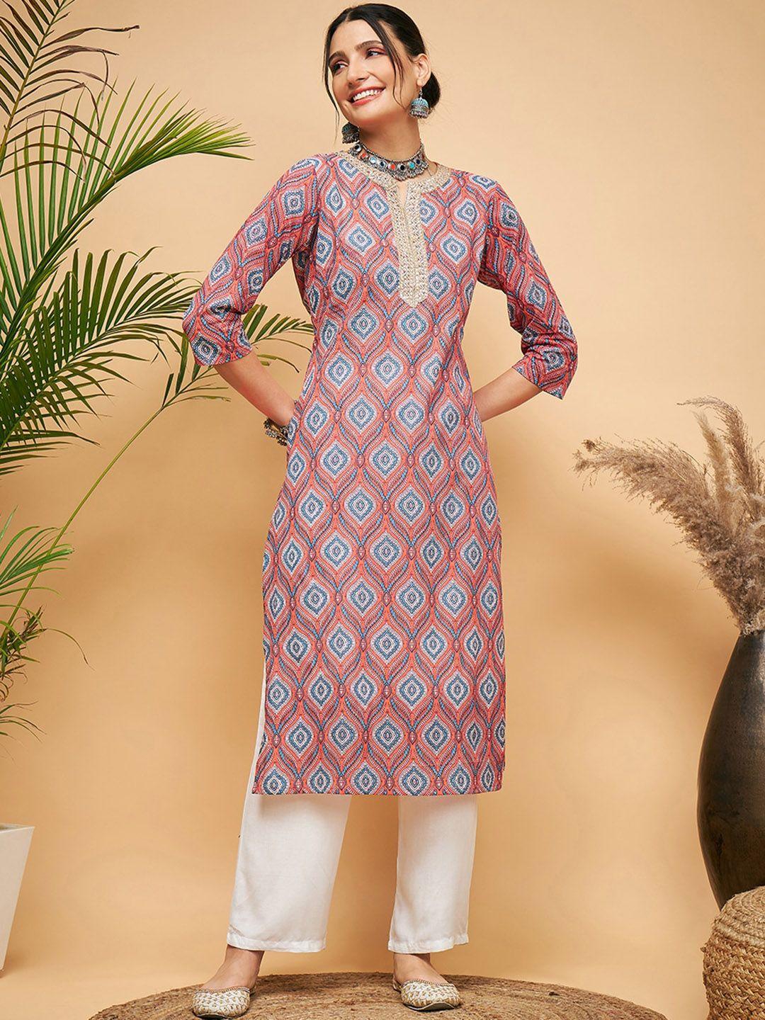 inweave ethnic motifs printed pure cotton straight kurta with trousers