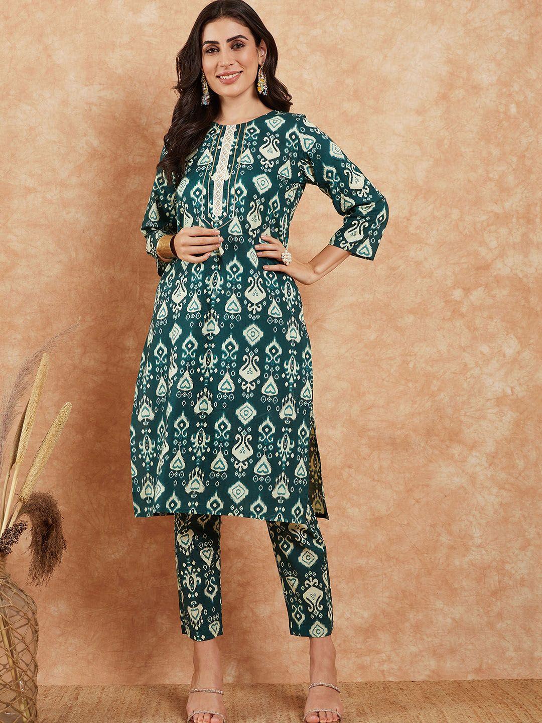 inweave ethnic motifs printed pure cotton straight kurta with trousers