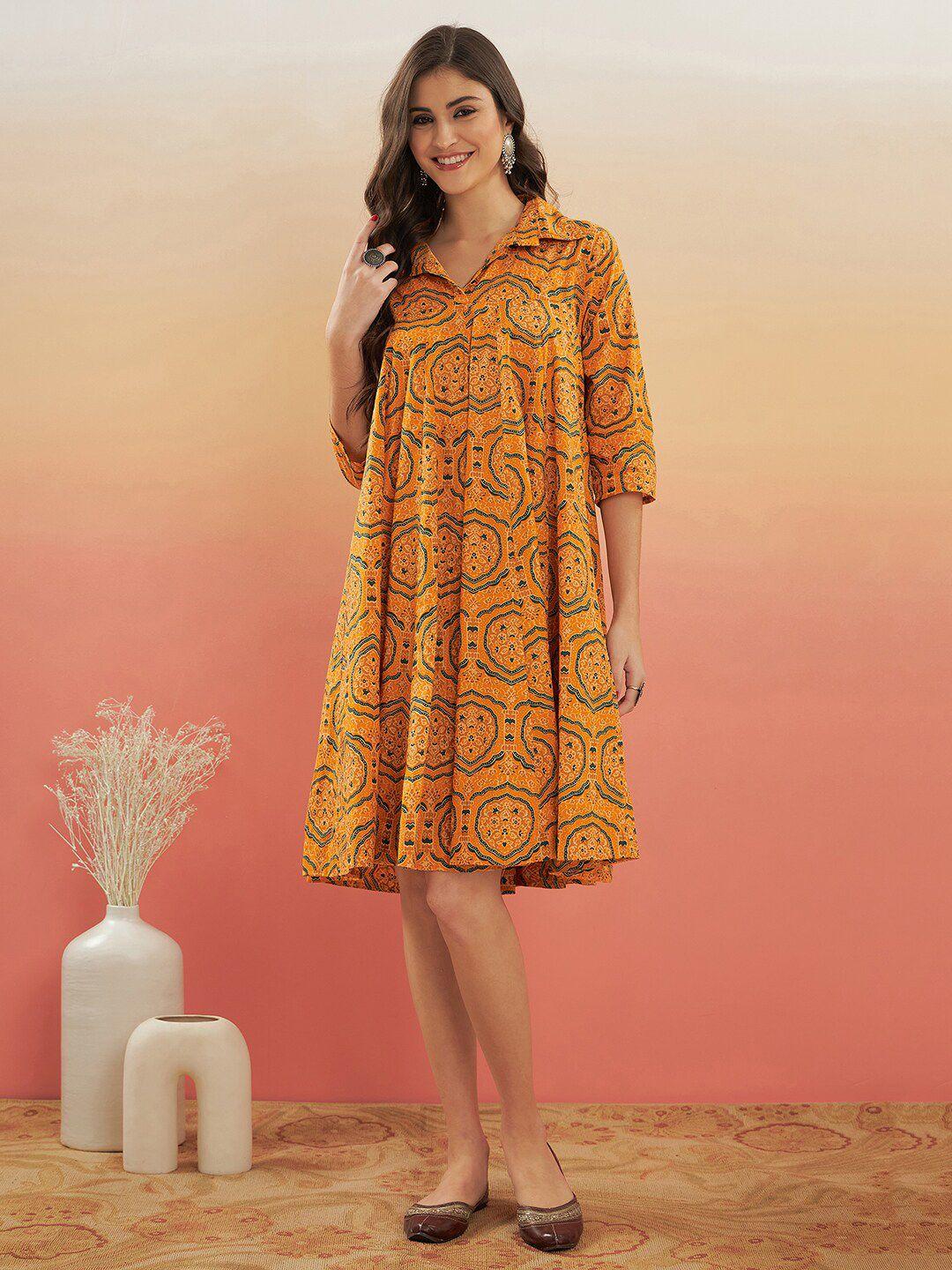 inweave ethnic motifs printed shirt collar a-line dress