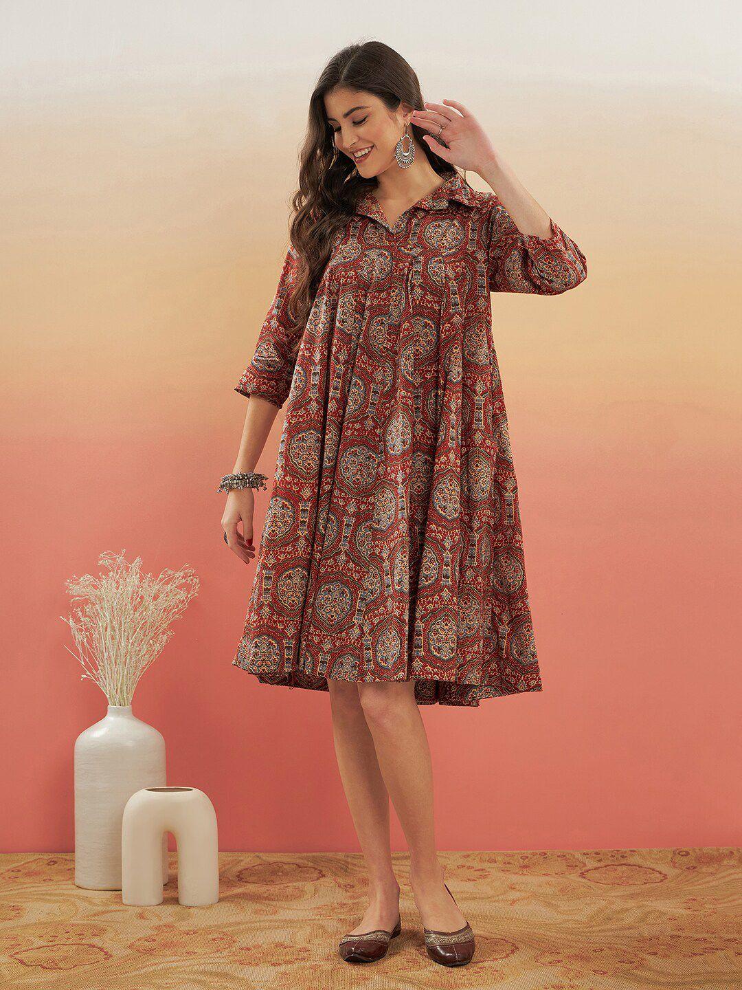 inweave ethnic motifs printed shirt collar a-line dress