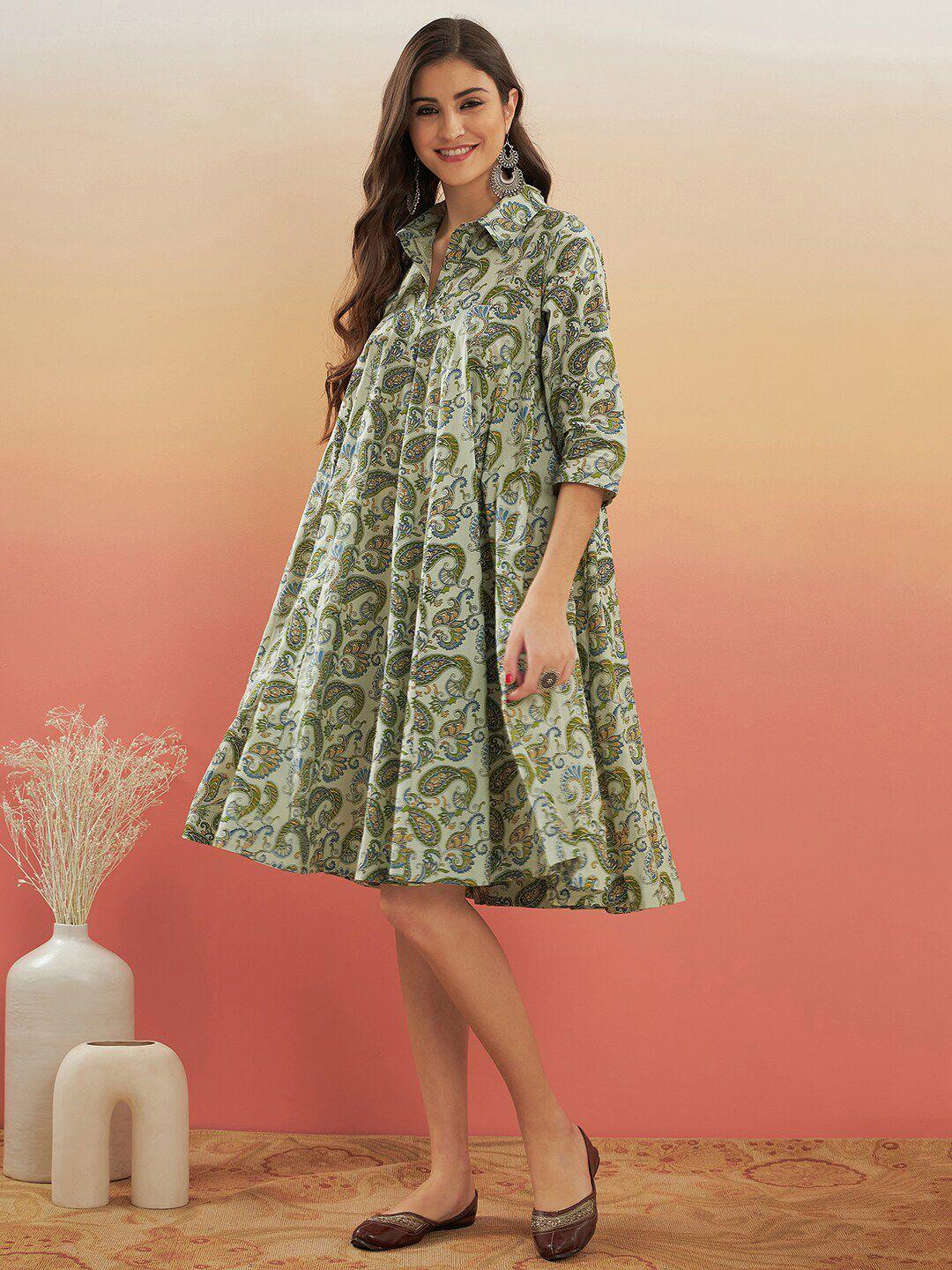 inweave ethnic motifs printed shirt collar a-line dress