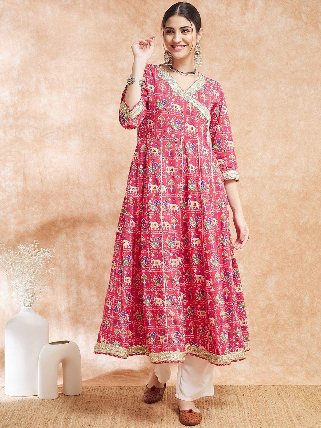 inweave ethnic motifs printed v-neck cotton anarkali kurta