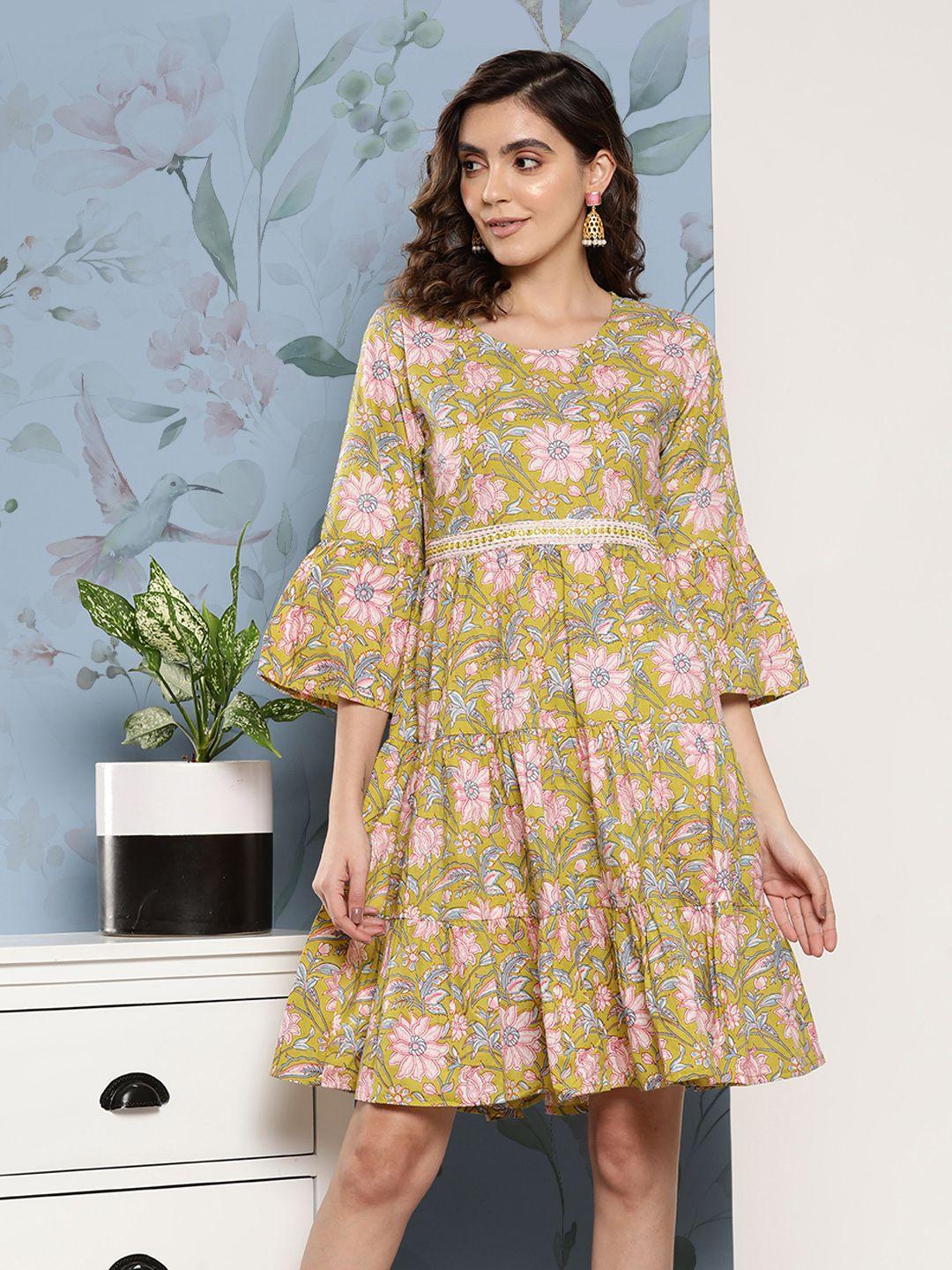 inweave floral print bell sleeves tiered a-line dress with belt