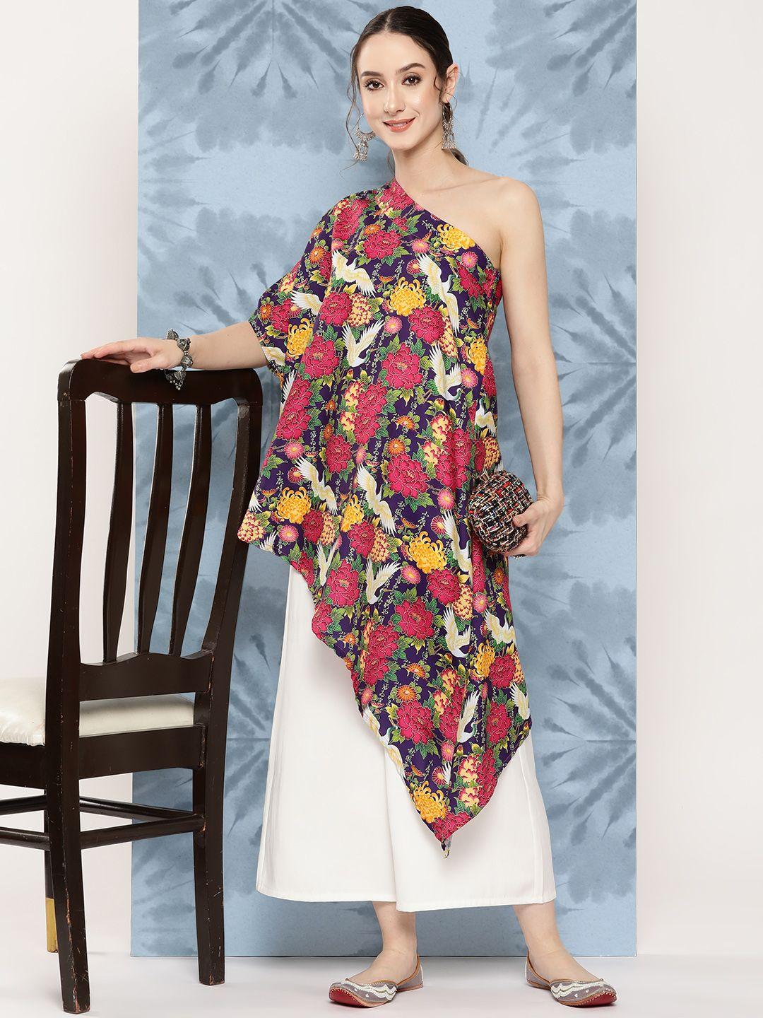 inweave floral print one shoulder batwing sleeve crepe longline top