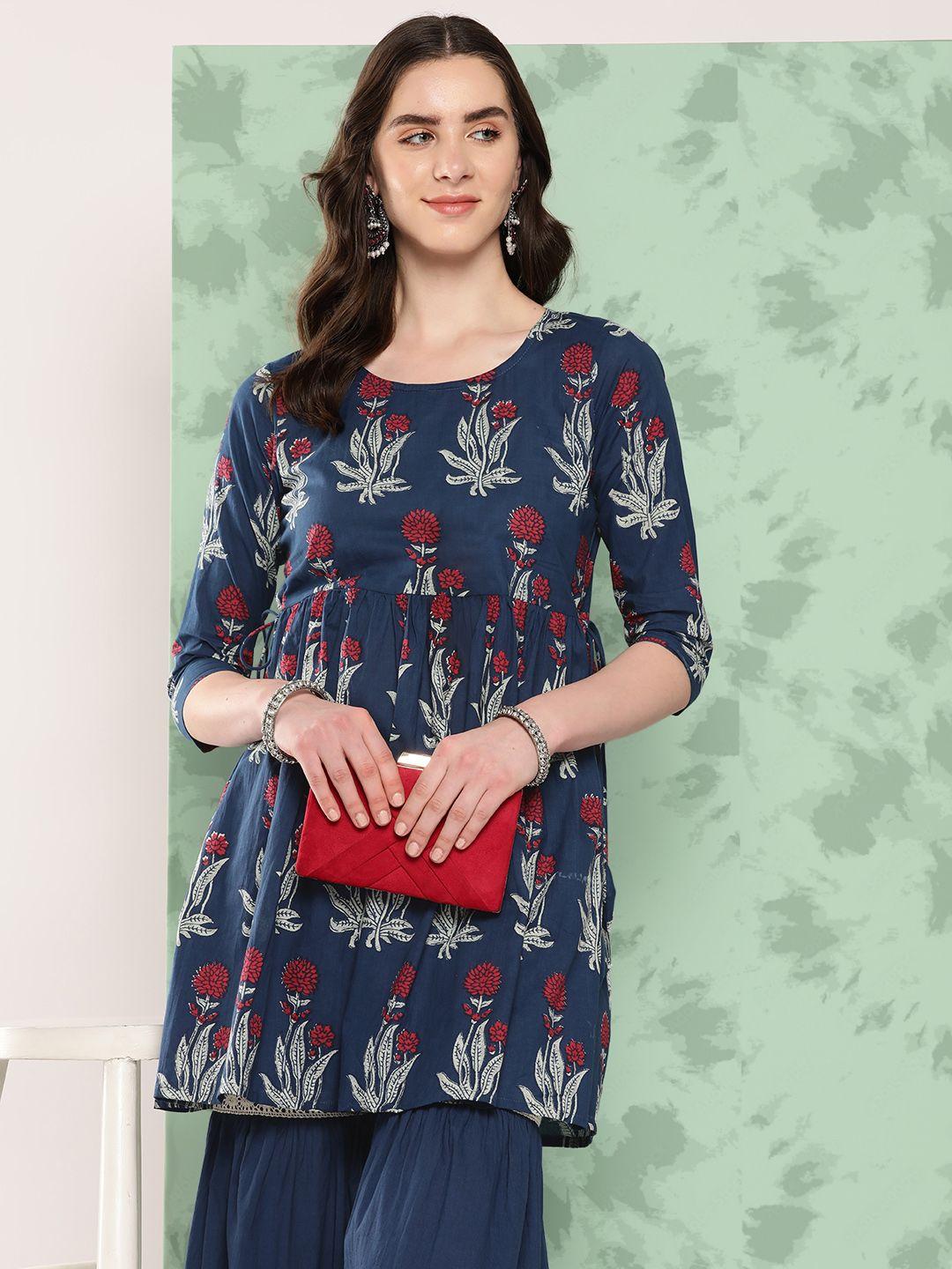 inweave floral printed empire pure cotton kurti with sharara