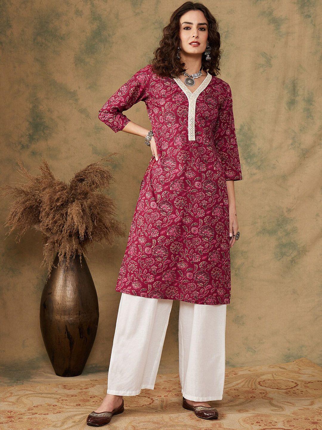 inweave floral printed laced cotton straight kurta