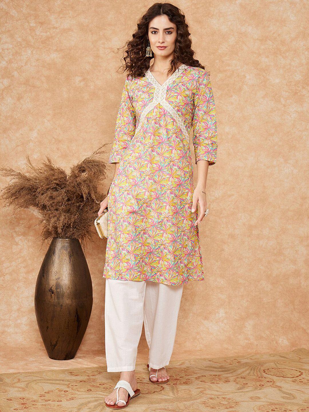 inweave floral printed laced cotton straight kurta