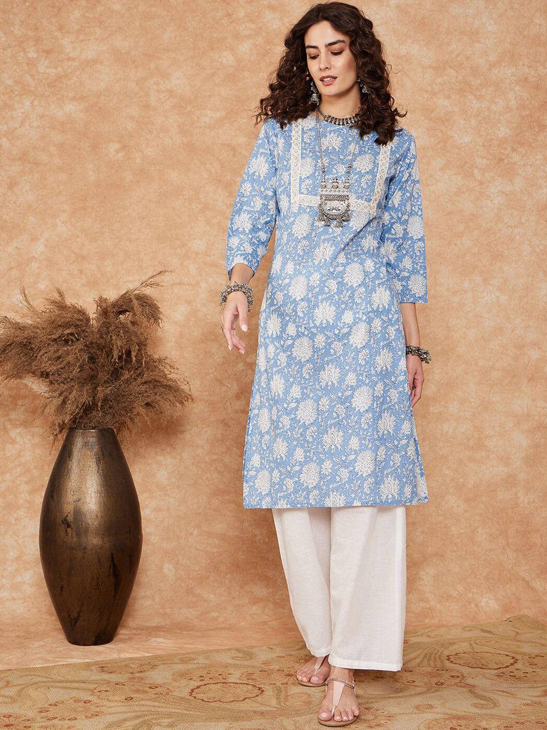 inweave floral printed laced cotton straight kurta