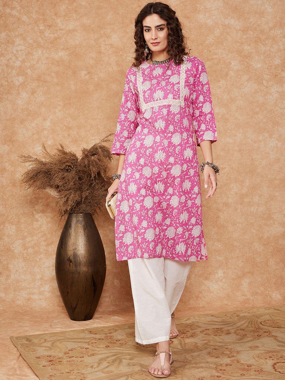 inweave floral printed laced cotton straight kurta