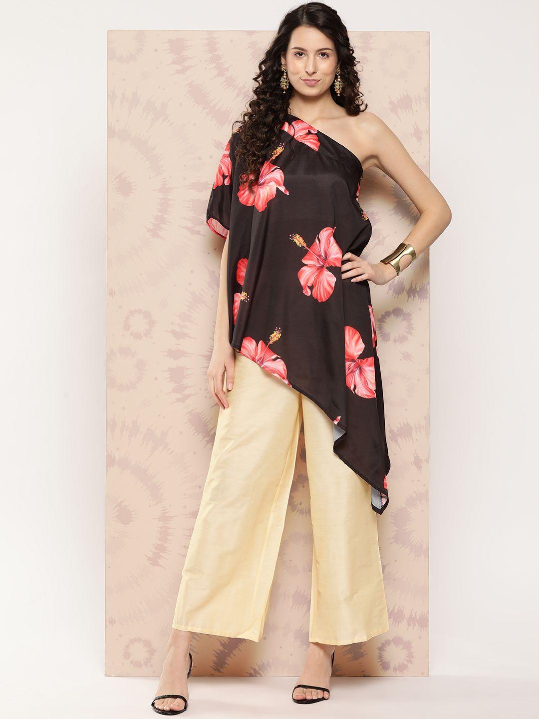 inweave floral printed one shoulder fusion crepe kurta