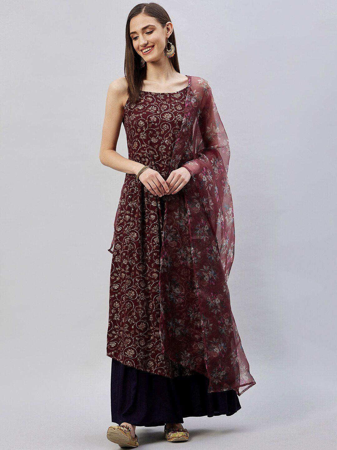 inweave floral printed pleated kurta with palazzos & with dupatta