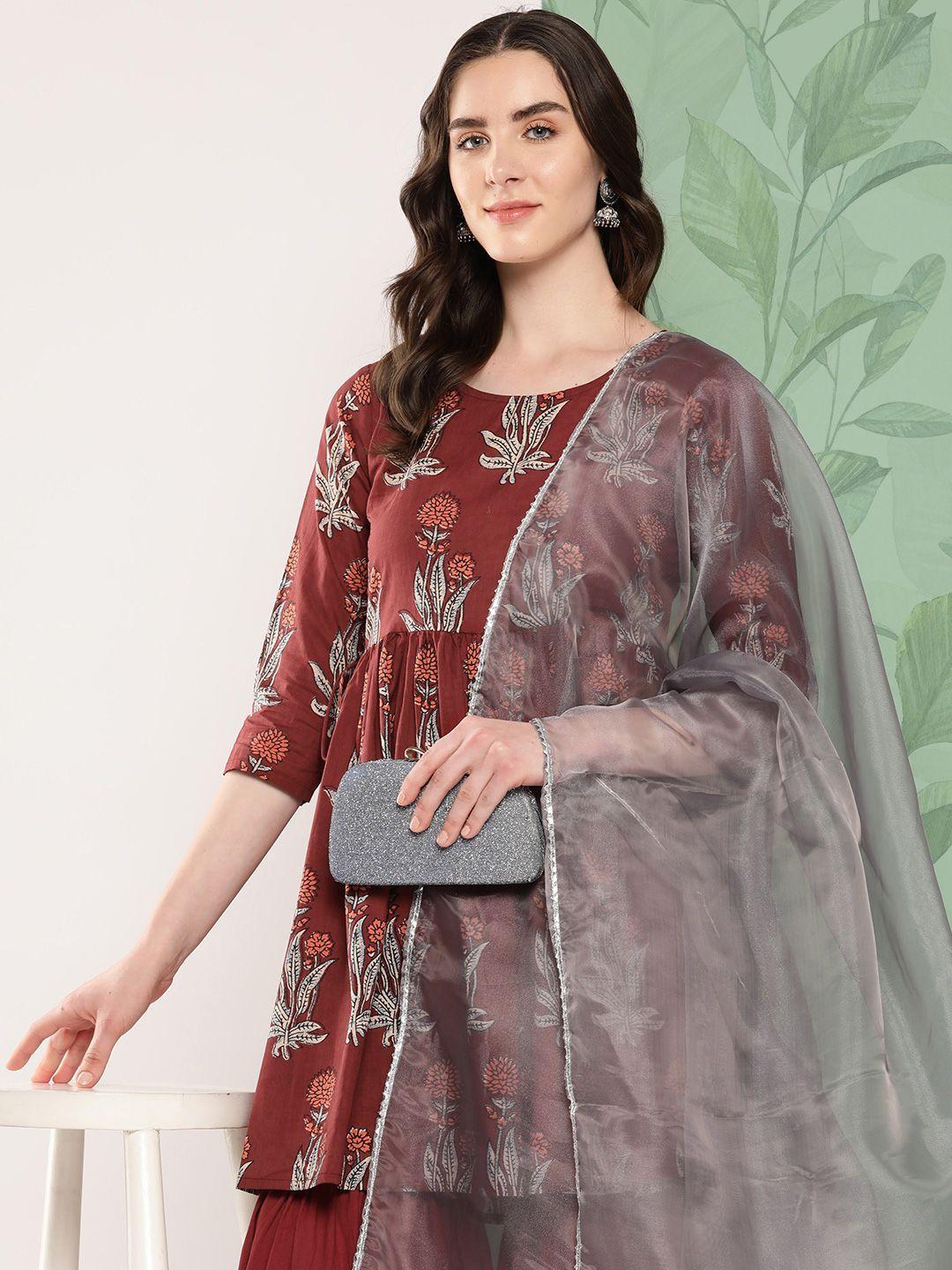 inweave floral printed pleated pure cotton kurta with palazzos & dupatta