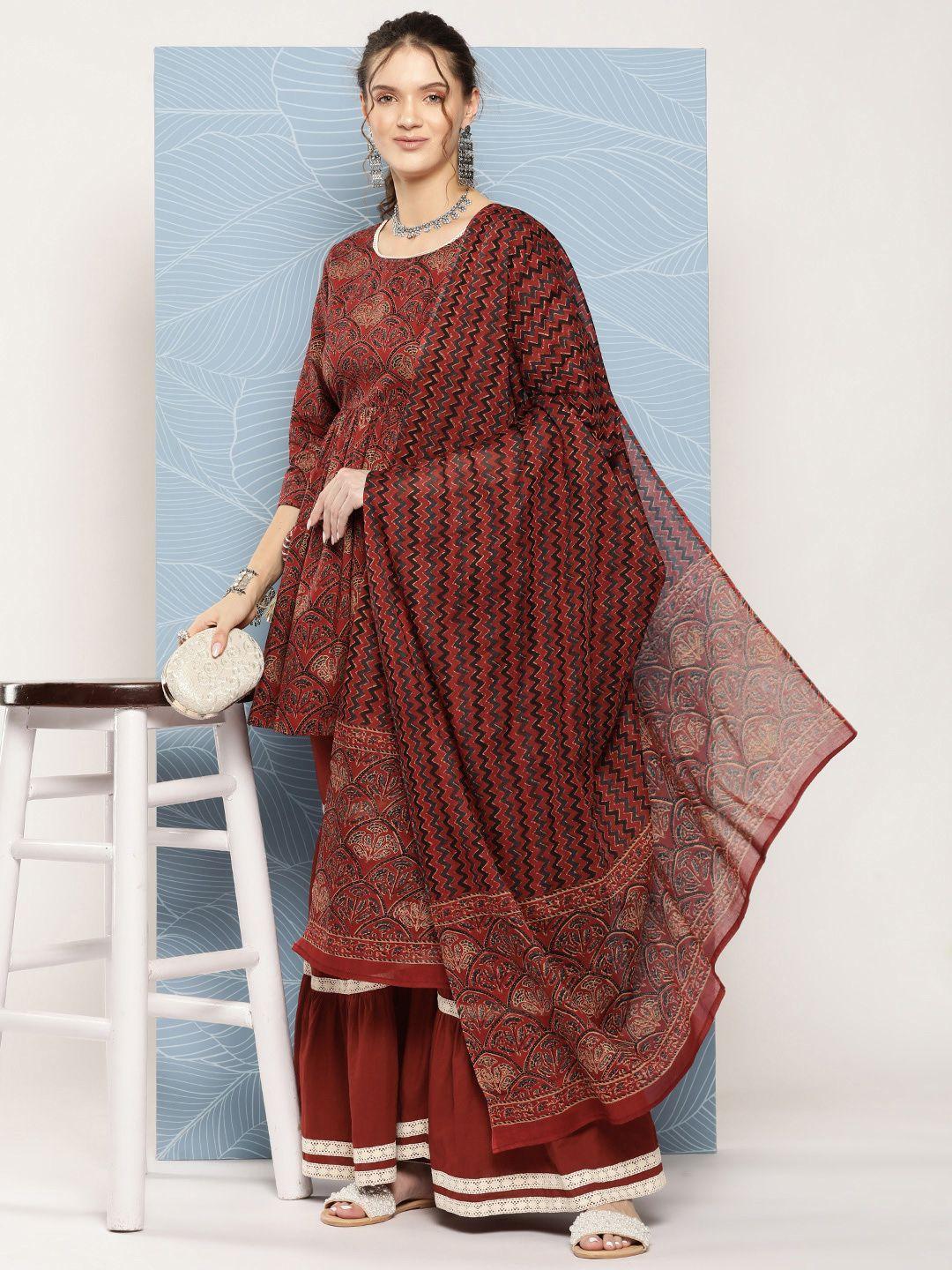 inweave floral printed pure cotton kurta with sharara & with dupatta