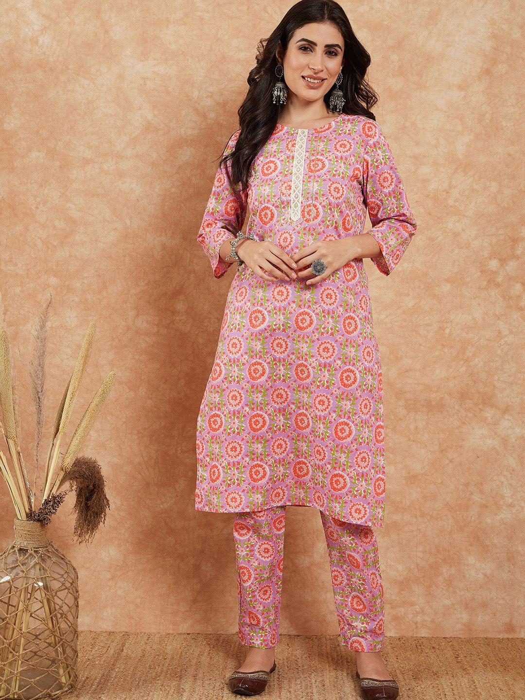 inweave floral printed regular pure cotton straight kurta with trousers