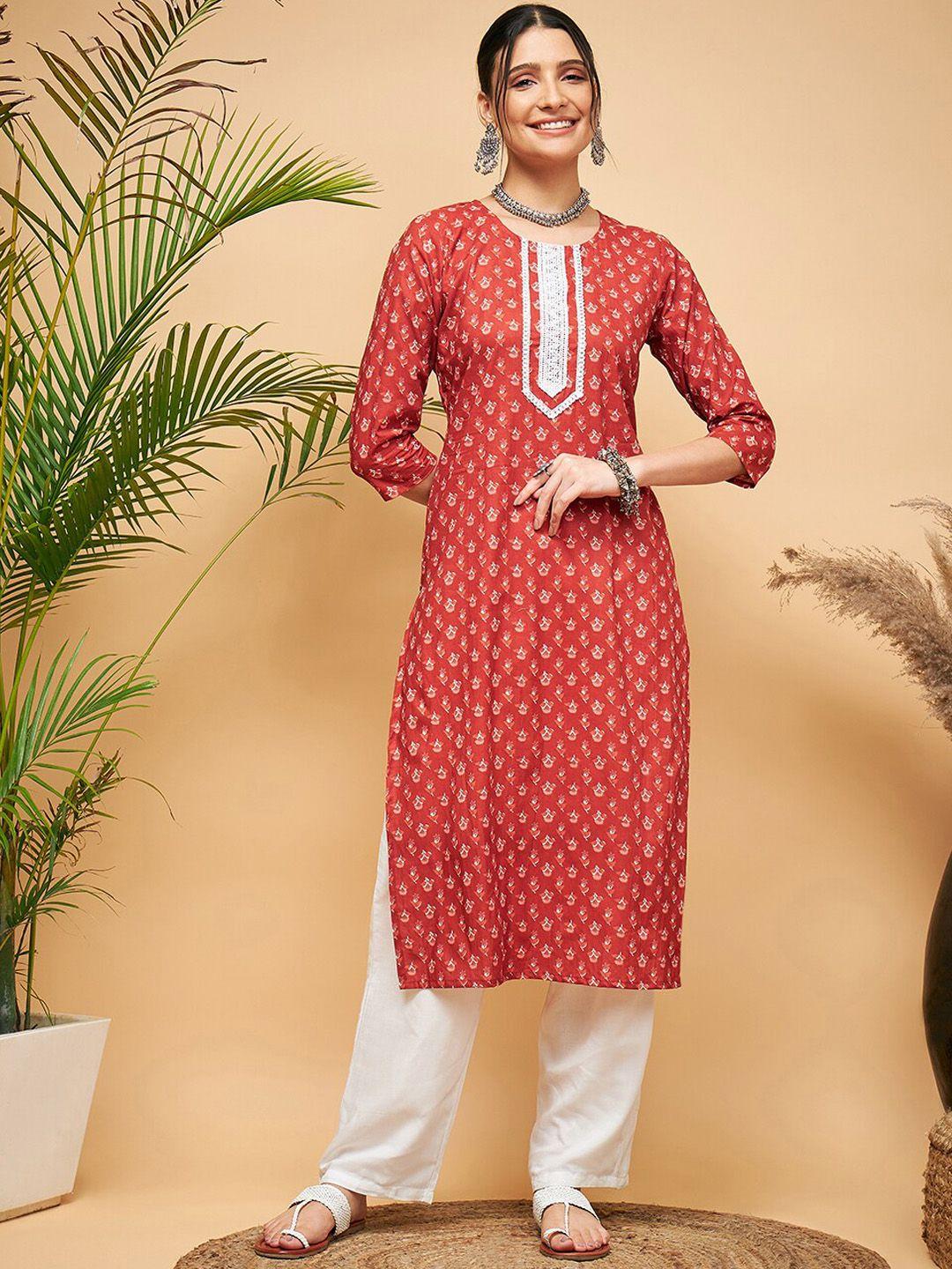 inweave floral printed thread work cotton straight kurta