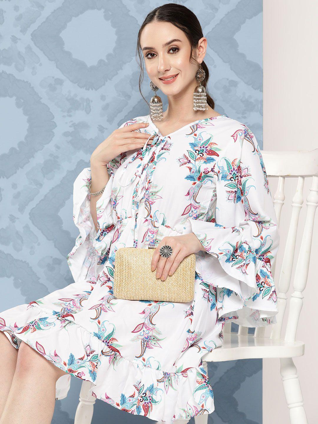 inweave floral printed tie-up neck bell sleeve a-line dress