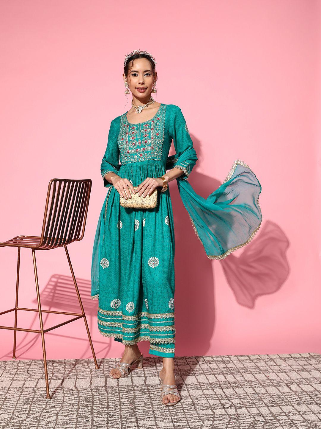 inweave floral yoke design pleated kurta with palazzos & with dupatta