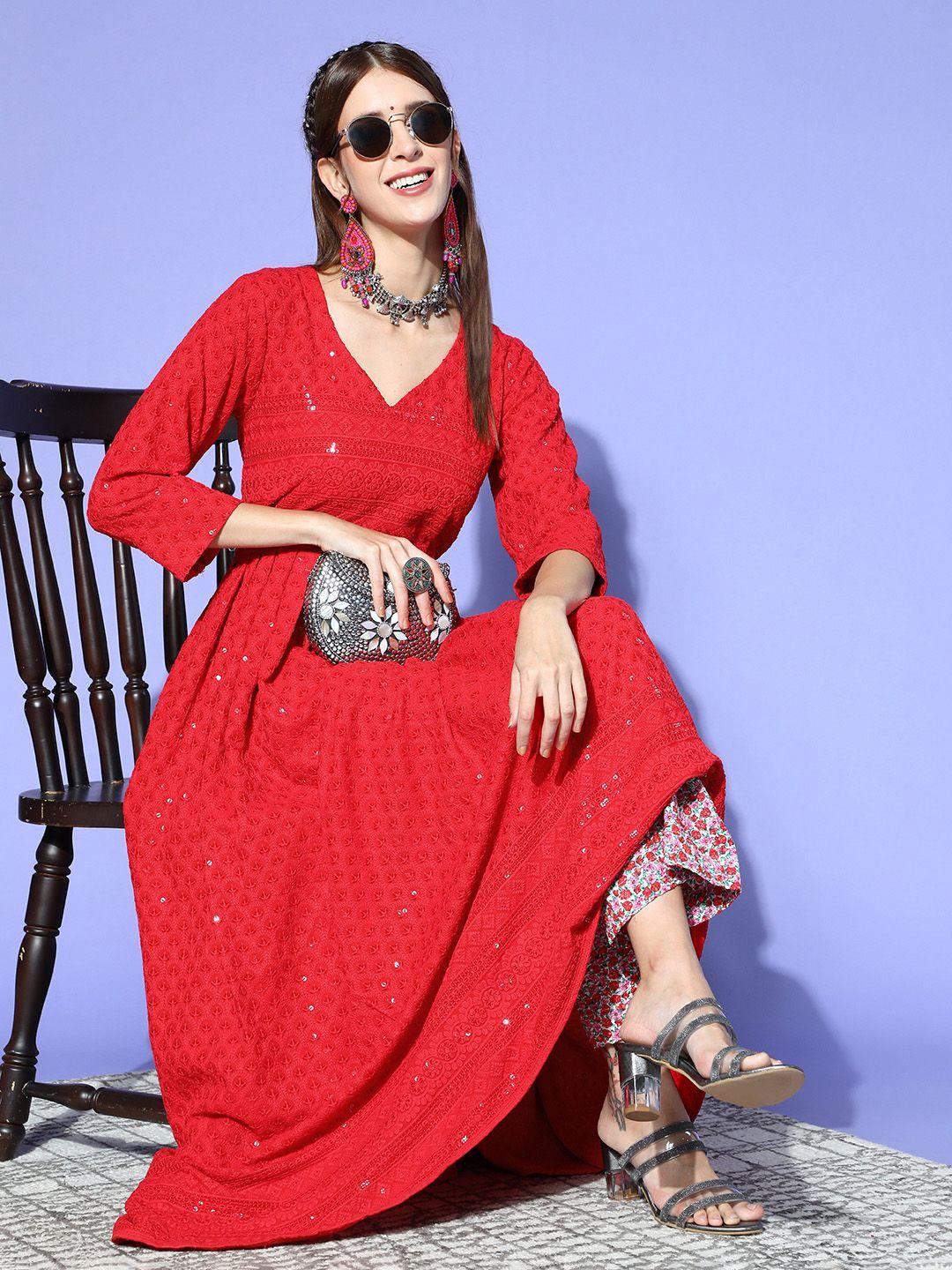 inweave gorgeous red viscose rayon swirling volume kurta