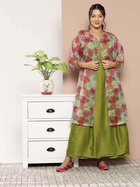 inweave green kurta & palazzo set with cape