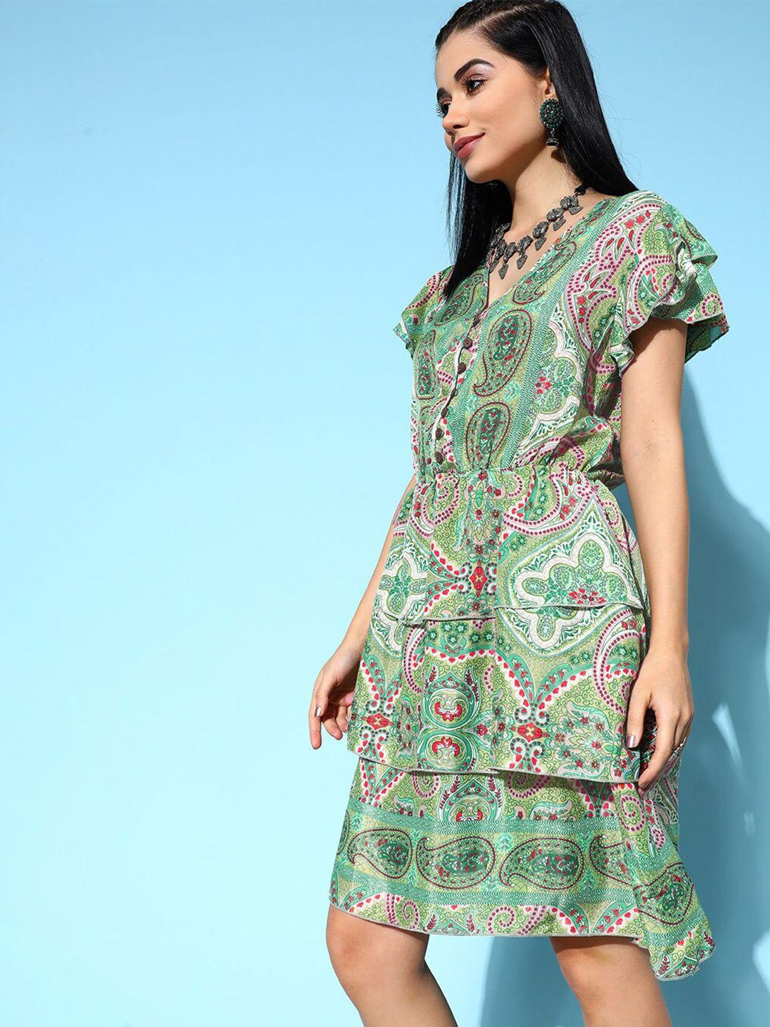 inweave green print fit & flare dress