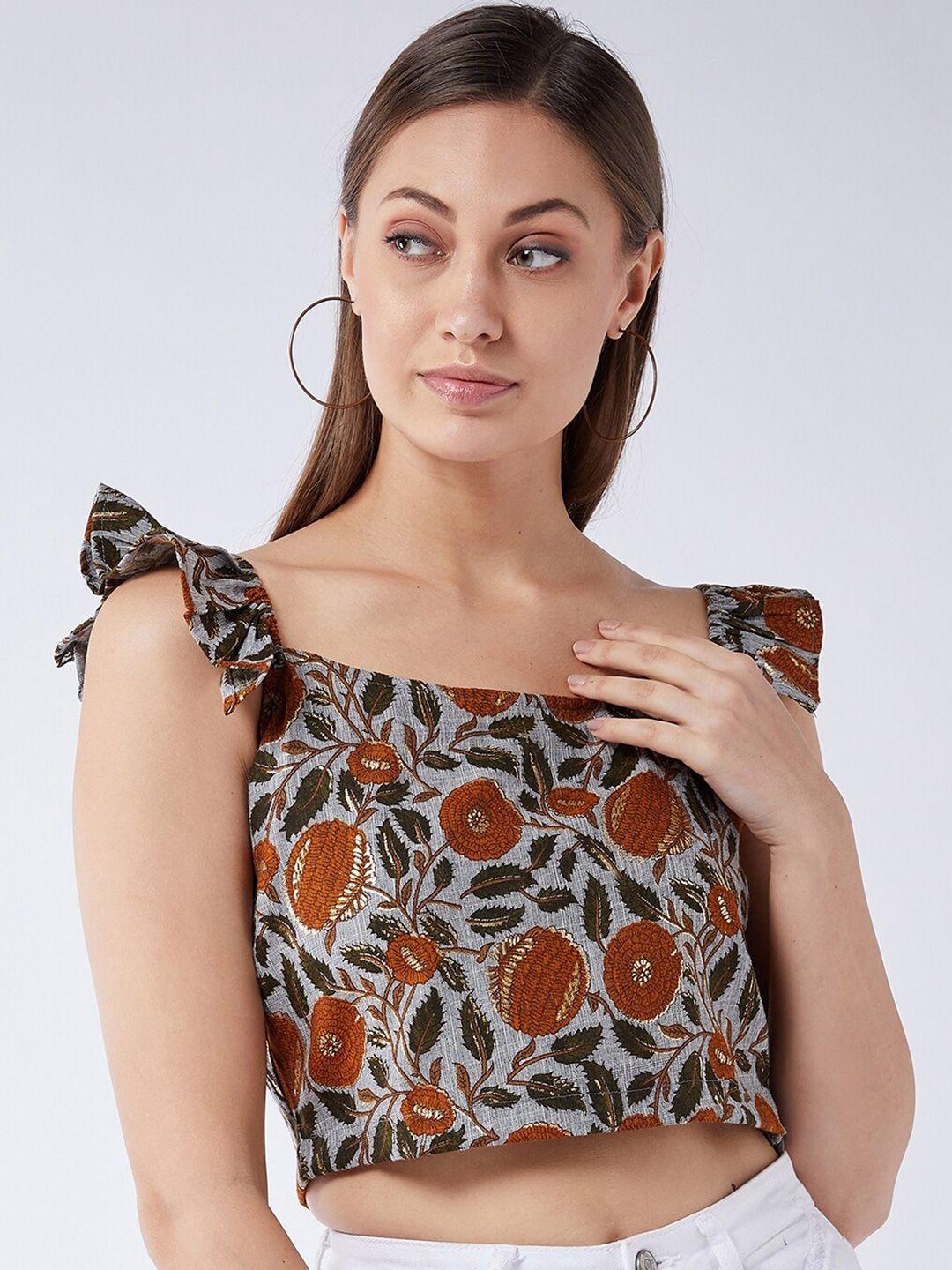 inweave grey & brown ethnic motif printed regular crop top