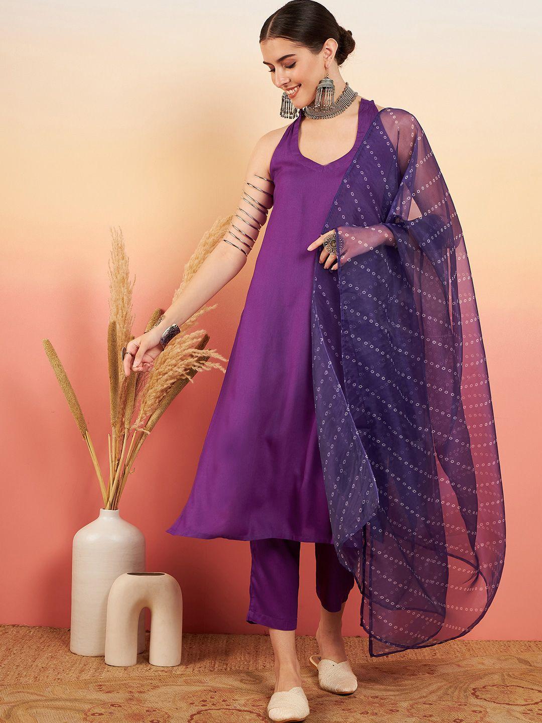 inweave halter neck regular straight kurta & trousers with dupatta