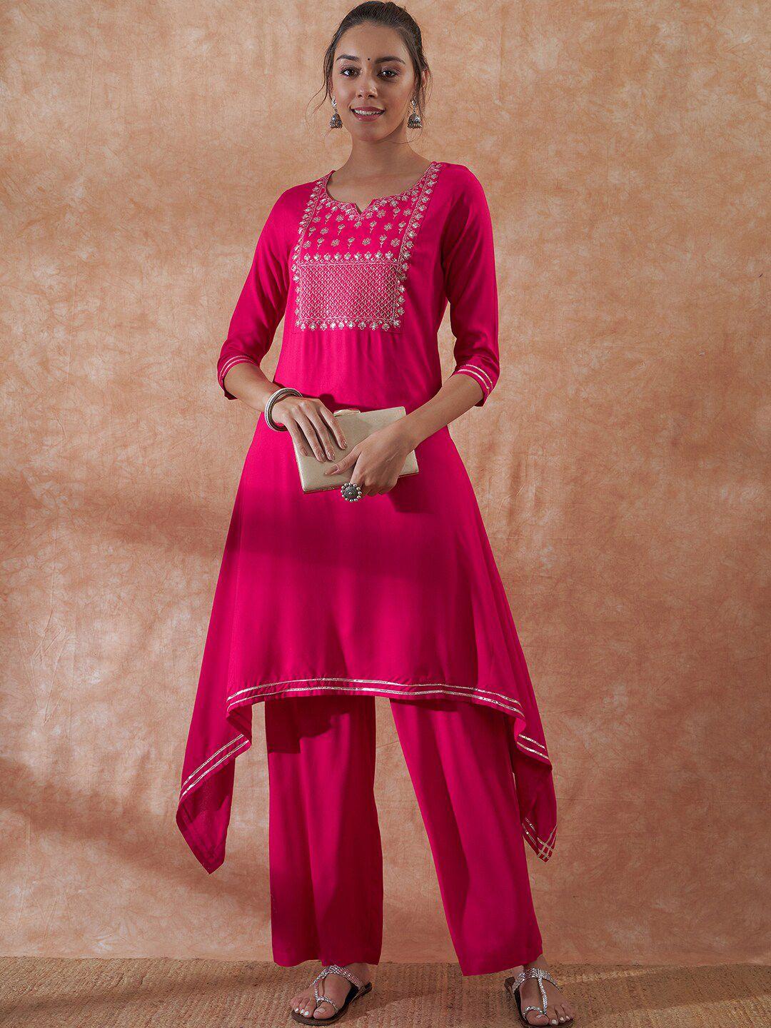 inweave magenta zari work yoke detailed asymmetric a-line kurta with palazzos