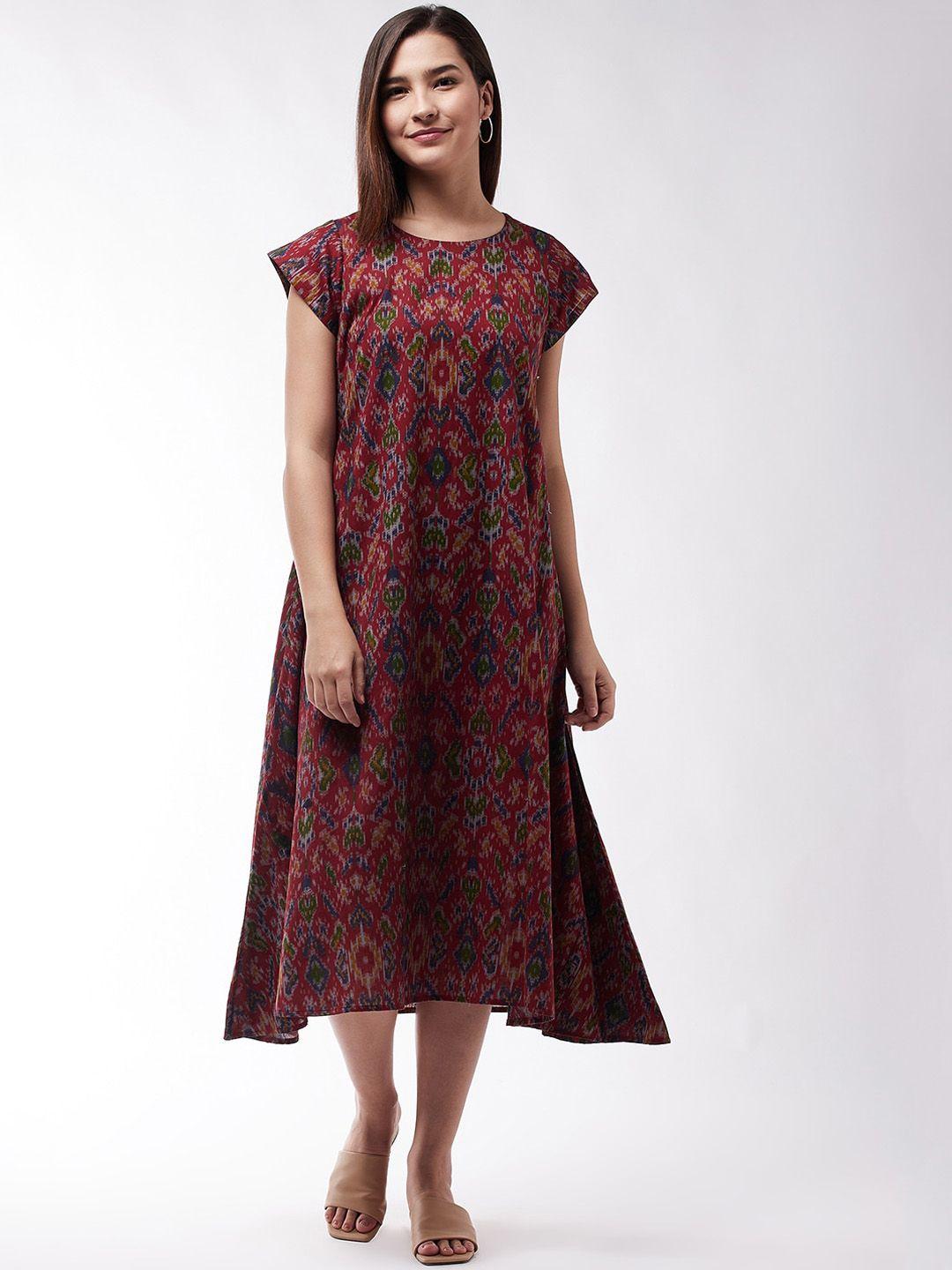 inweave maroon ikkat a-line midi dress