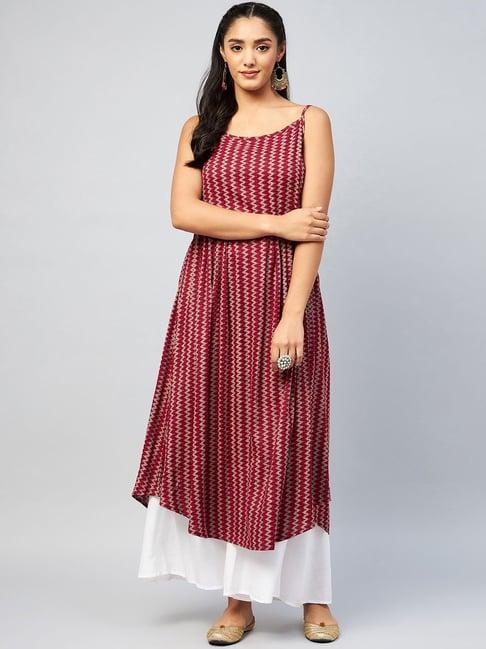 inweave maroon printed a line kurta