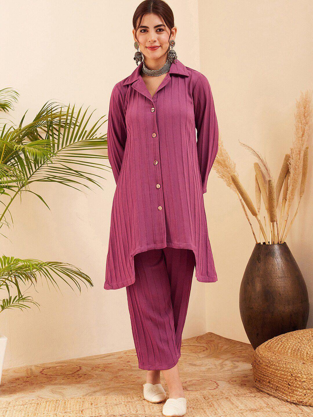 inweave mauve shirt collar pleated a-line velvet asymmetric fusion kurta with trouser