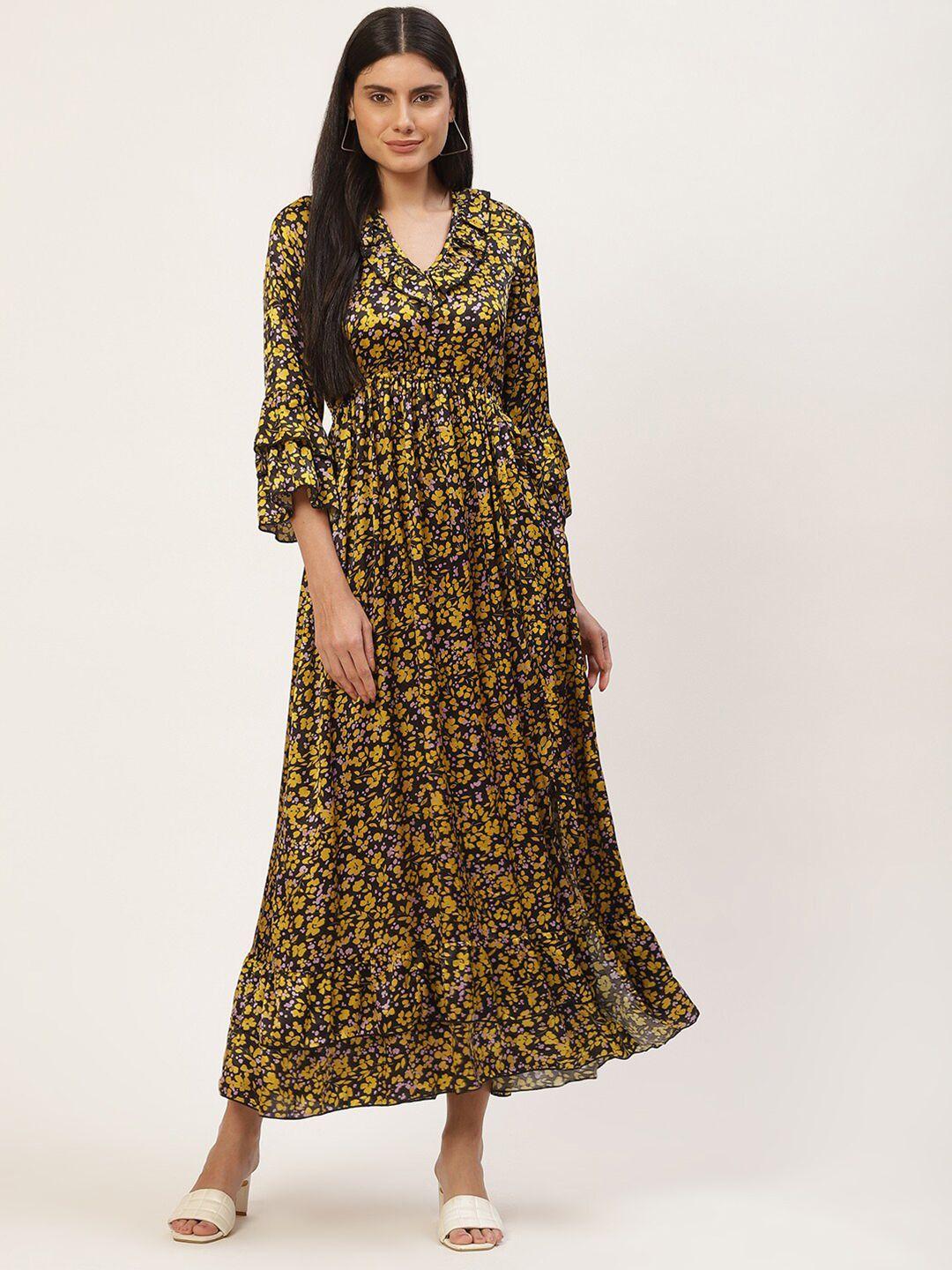 inweave mustard yellow and black floral printed ruffled bell sleeves maxi dress