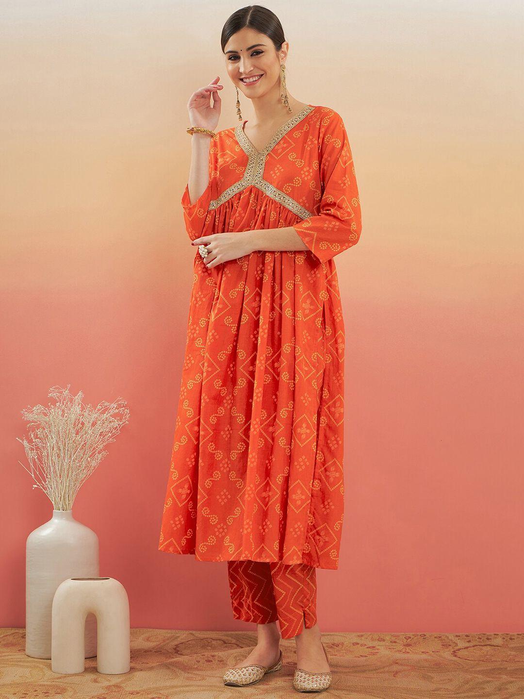 inweave orange bandhani printed gotta patti pure cotton a-line kurta with trousers