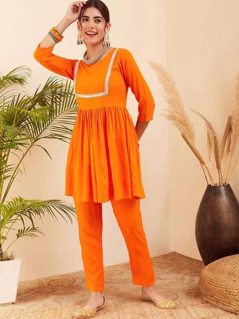 inweave orange embroidered kurti & pant set