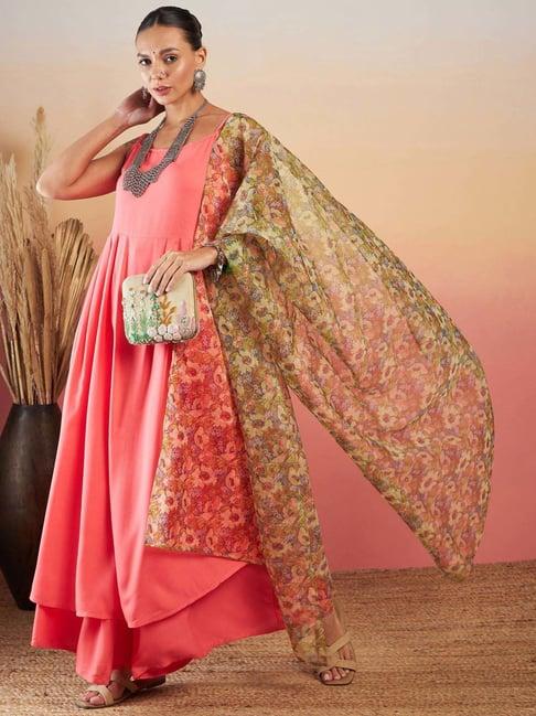 inweave peach & orange kurta & palazzo set with dupatta