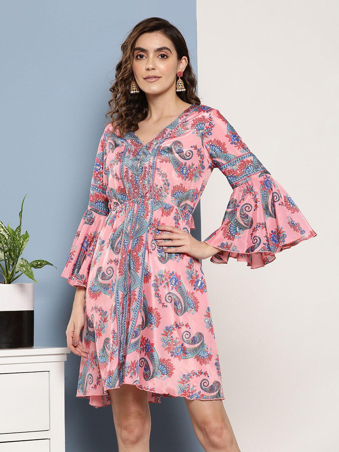 inweave pink and blue ethnic motifs printed tie-up bell sleeves a-line dress