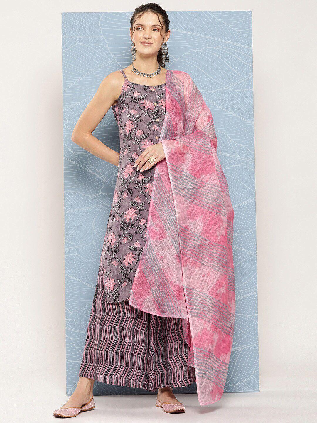 inweave purple & pink sleeveless floral printed kurta with palazzos & dupatta