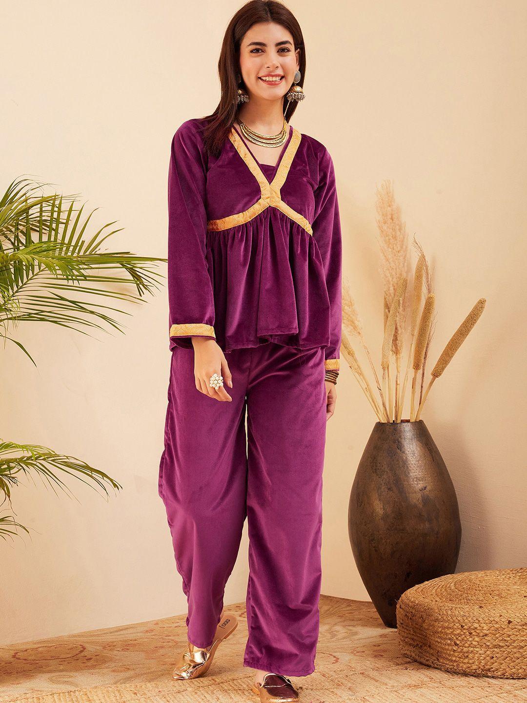 inweave purple v-neck tunic with flared trouser