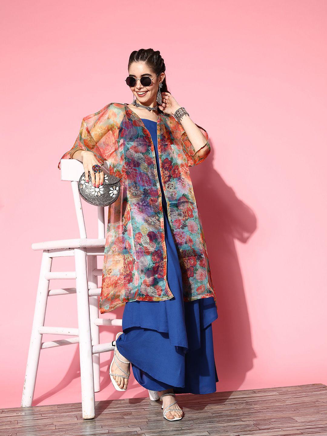 inweave solid shoulder straps pleated kurta with palazzos & with jacket