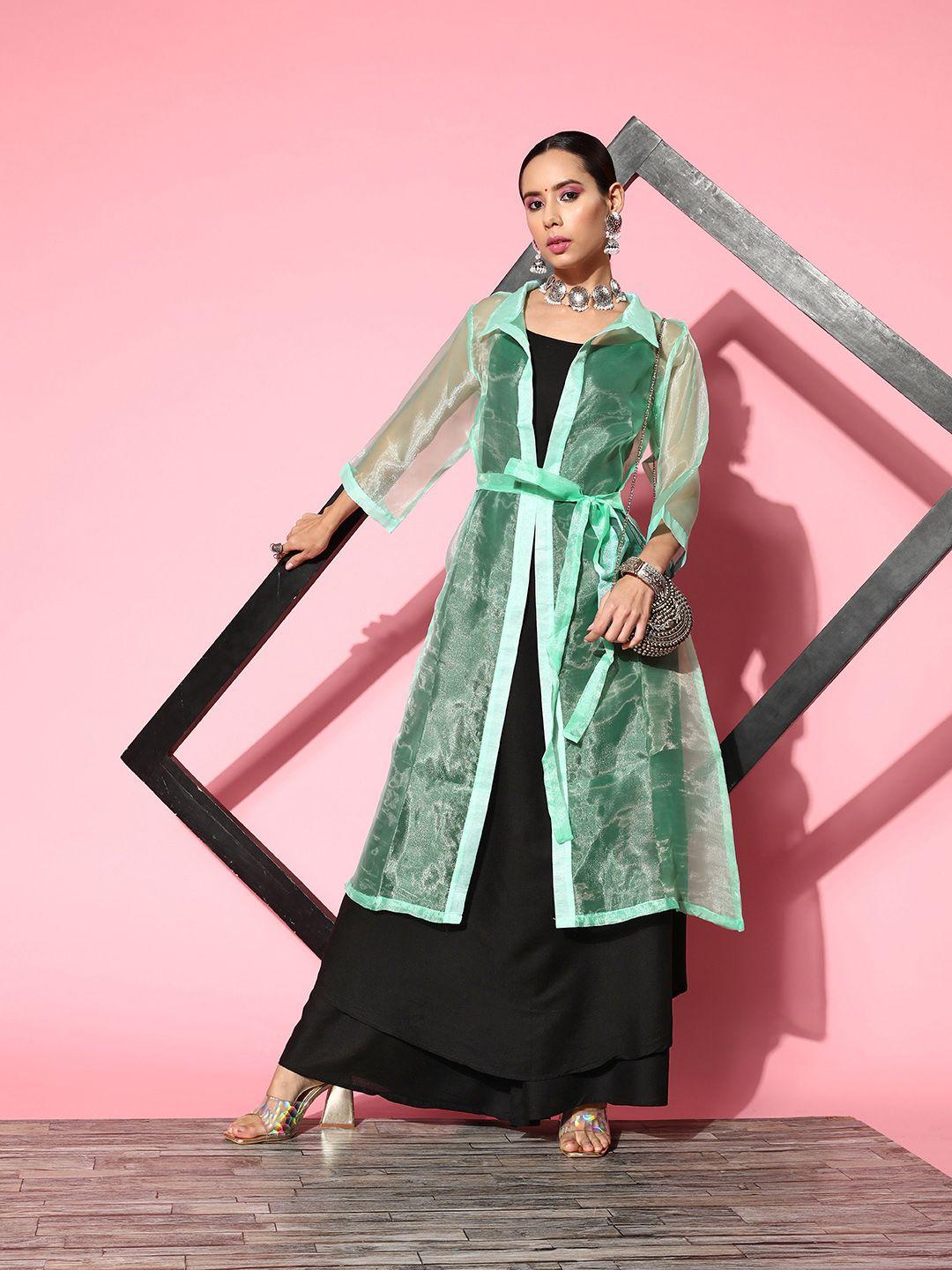 inweave solid shoulder straps pleated kurta with palazzos & with jacket